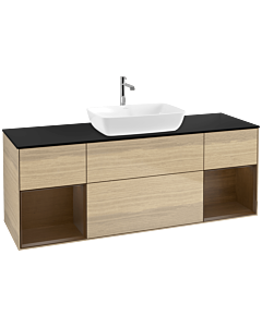 Villeroy und Boch Finion Waschtischunterschrank F862GNPC 160cm, Abdeckplatte black matt, Regale Walnut Veneer, Oak Veneer