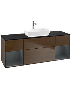 Villeroy und Boch Finion Waschtischunterschrank F862HGGN 160cm, Abdeckplatte black matt, Regale Midnight matt lacquer, Walnut veneer