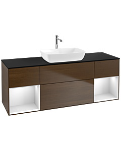Villeroy und Boch Finion Waschtischunterschrank F862MTGN 160cm, Abdeckplatte black matt, Regale White matt lacquer, Walnut veneer
