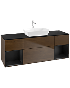 Villeroy und Boch Finion Waschtischunterschrank F862PDGN 160cm, Abdeckplatte black matt, Regale Black matt lacquer, Walnut veneer