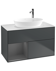 Villeroy und Boch Finion Waschtischunterschrank F891GKHG 100cm, Abdeckplatte white matt, Regale Anthracite matt lacquer, Midnight Blue Matt Lacquer