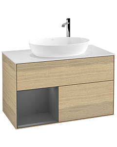 Villeroy und Boch Finion Waschtischunterschrank F891GKPC 100cm, Abdeckplatte white matt, Regale Anthracite matt lacquer, Oak Veneer