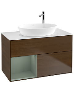 Villeroy und Boch Finion Villeroy und Boch F891GMGN 100cm, plateau blanc mat, étagères laquées mat, placage noyer