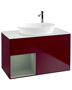 Villeroy und Boch Finion Waschtischunterschrank F891GMHB 100cm, Abdeckplatte white matt, Regale Olive matt lacquer, Peony Matt