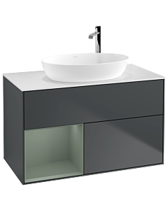 Villeroy und Boch Finion Waschtischunterschrank F891GMHG 100cm, Abdeckplatte white matt, Regale Olive matt lacquer, Midnight Blue Matt Lacquer