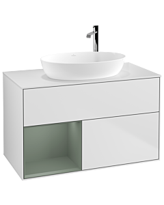 Villeroy und Boch Finion Villeroy und Boch F891GMMT 100cm, plaque de recouvrement blanc mat, étagères laqué olive mat, laqué blanc mat