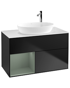 Villeroy und Boch Finion Waschtischunterschrank F891GMPD 100cm, Abdeckplatte white matt, Regale Olive matt lacquer, Black matt lacquer