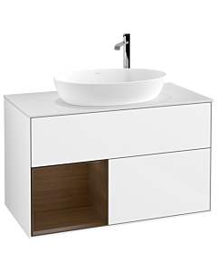 Villeroy und Boch Finion Waschtischunterschrank F891GNGF 100cm, Abdeckplatte white matt, Regale Walnut Veneer, Glossy white lacquer