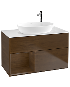 Villeroy und Boch Finion Waschtischunterschrank F891GNGN 100cm, Abdeckplatte white matt, Regale Walnut Veneer, Walnut veneer