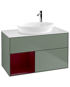 Villeroy und Boch Finion Waschtischunterschrank F891HBGM 100cm, Abdeckplatte white matt, Regale Peony matt lacquer, Olive Matt Lacquer