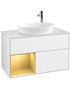 Villeroy und Boch Finion Villeroy und Boch F891HFGF 100cm, plaque de recouvrement blanc mat, étagères laqué or mat, laqué blanc brillant