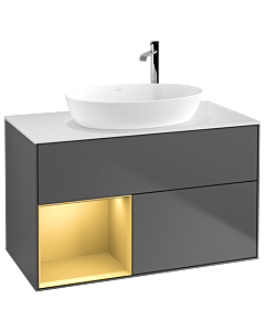 Villeroy und Boch Finion Villeroy und Boch F891HFGK 100cm, plaque de recouvrement blanc mat, étagères laqué or mat, anthracite mat