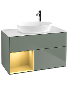 Villeroy und Boch Finion Waschtischunterschrank F891HFGM 100cm, Abdeckplatte white matt, Regale Gold matt lacquer, Olive Matt Lacquer