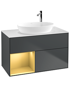 Villeroy und Boch Finion Waschtischunterschrank F891HFHG 100cm, Abdeckplatte white matt, Regale Gold matt lacquer, Midnight Blue Matt Lacquer