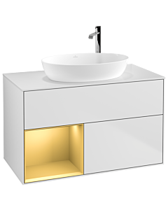 Villeroy und Boch Finion Villeroy und Boch F891HFMT 100cm, plaque de recouvrement blanc mat, étagères laqué or mat, laqué blanc mat