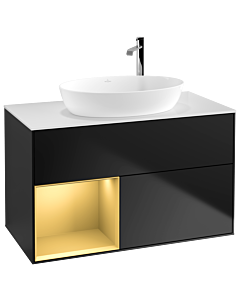 Villeroy und Boch Finion Waschtischunterschrank F891HFPD 100cm, Abdeckplatte white matt, Regale Gold matt lacquer, Black matt lacquer