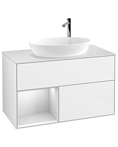 Villeroy und Boch Finion Villeroy und Boch F891MTGF 100cm, plaque de recouvrement blanc mat, étagères laqué blanc mat, laqué blanc brillant