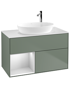 Villeroy und Boch Finion Villeroy und Boch F891MTGM 100cm, plaque de recouvrement blanc mat, étagères laqué blanc mat, Olive Matt Lacquer