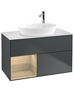Villeroy und Boch Finion Waschtischunterschrank F891PCHG 100cm, Abdeckplatte white matt, Regale Oak Veneer, Midnight Blue Matt Lacquer