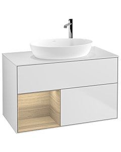 Villeroy und Boch Finion Waschtischunterschrank F891PCMT 100cm, Abdeckplatte white matt, Regale Oak Veneer, White matt lacquer