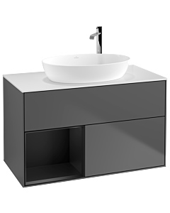 Villeroy und Boch Finion Waschtischunterschrank F891PDGK 100cm, Abdeckplatte white matt, Regale Black matt lacquer, Anthracite matt