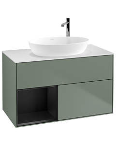 Villeroy und Boch Finion Villeroy und Boch F891PDGM 100cm, plaque de recouvrement blanc mat, étagères laqué noir mat, Olive Matt Lacquer