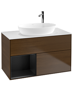 Villeroy und Boch Finion Waschtischunterschrank F891PDGN 100cm, Abdeckplatte white matt, Regale Black matt lacquer, Walnut veneer