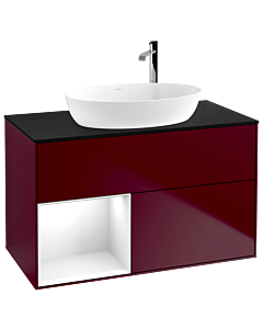 Villeroy und Boch Finion Waschtischunterschrank F892GFHB 100cm, Abdeckplatte black matt, Regale Glossy white lacquer, Peony Matt