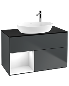 Villeroy und Boch Finion Waschtischunterschrank F892GFHG 100cm, Abdeckplatte black matt, Regale Glossy white lacquer, Midnight Blue Matt Lacquer