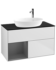 Villeroy und Boch Finion Waschtischunterschrank F892GKMT 100cm, Abdeckplatte black matt, Regale Anthracite matt lacquer, White matt lacquer