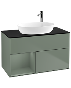 Villeroy und Boch Finion Villeroy und Boch F892GMGM 100cm, plaque de recouvrement noir mat, étagères laqué olive mat, Olive Matt Lacquer