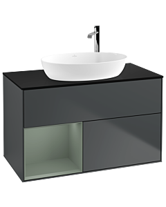 Villeroy und Boch Finion Waschtischunterschrank F892GMHG 100cm, Abdeckplatte black matt, Regale Olive matt lacquer, Midnight Blue Matt Lacquer