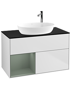 Villeroy und Boch Finion Waschtischunterschrank F892GMMT 100cm, Abdeckplatte black matt, Regale Olive matt lacquer, White matt lacquer