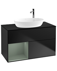 Villeroy und Boch Finion Waschtischunterschrank F892GMPD 100cm, Abdeckplatte black matt, Regale Olive matt lacquer, Black matt lacquer