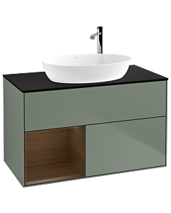 Villeroy und Boch Finion Waschtischunterschrank F892GNGM 100cm, Abdeckplatte black matt, Regale Walnut Veneer, Olive Matt Lacquer
