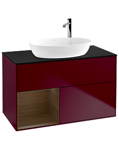 Villeroy und Boch Finion Waschtischunterschrank F892GNHB 100cm, Abdeckplatte black matt, Regale Walnut Veneer, Peony Matt