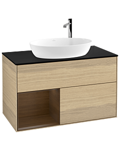 Villeroy und Boch Finion Waschtischunterschrank F892GNPC 100cm, Abdeckplatte black matt, Regale Walnut Veneer, Oak Veneer