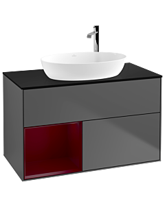 Villeroy und Boch Finion Waschtischunterschrank F892HBGK 100cm, Abdeckplatte black matt, Regale Peony matt lacquer, Anthracite matt