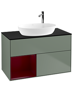 Villeroy und Boch Finion Waschtischunterschrank F892HBGM 100cm, Abdeckplatte black matt, Regale Peony matt lacquer, Olive Matt Lacquer