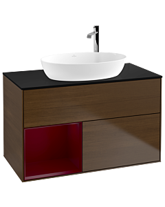 Villeroy und Boch Finion Waschtischunterschrank F892HBGN 100cm, Abdeckplatte black matt, Regale Peony matt lacquer, Walnut veneer