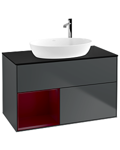 Villeroy und Boch Finion Waschtischunterschrank F892HBHG 100cm, Abdeckplatte black matt, Regale Peony matt lacquer, Midnight Blue Matt Lacquer