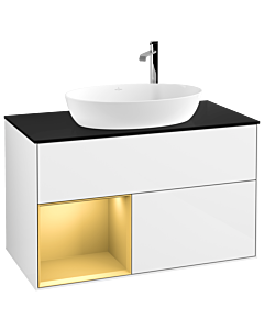 Villeroy und Boch Finion Villeroy und Boch F892HFGF 100cm, plaque de recouvrement noir mat, étagères laqué or mat, laqué blanc brillant