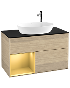 Villeroy und Boch Finion Villeroy und Boch F892HFPC 100cm, plaque de recouvrement noir mat, étagères laqué mat or, Oak Veneer