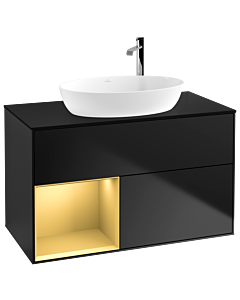 Villeroy und Boch Finion Waschtischunterschrank F892HFPD 100cm, Abdeckplatte black matt, Regale Gold matt lacquer, Black matt lacquer