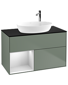 Villeroy und Boch Finion Villeroy und Boch F892MTGM 100cm, plaque de recouvrement noire mate, étagères Olive Matt Lacquer blanc mat, Olive Matt Lacquer