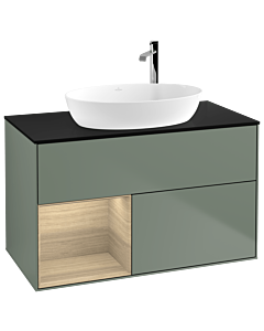 Villeroy und Boch Finion Waschtischunterschrank F892PCGM 100cm, Abdeckplatte black matt, Regale Oak Veneer, Olive Matt Lacquer