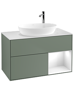 Villeroy und Boch Finion Waschtischunterschrank F901GFGM 100cm, Abdeckplatte white matt, Regale Glossy white lacquer, Olive Matt Lacquer