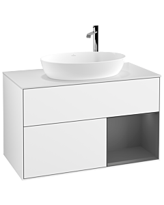 Villeroy und Boch Finion Waschtischunterschrank F901GKGF 100cm, Abdeckplatte white matt, Regale Anthracite matt lacquer, Glossy white lacquer