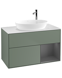 Villeroy und Boch Finion Villeroy und Boch F901GKGM 100cm, plaque de recouvrement blanc mat, étagères laqué mat anthracite, Olive Matt Lacquer