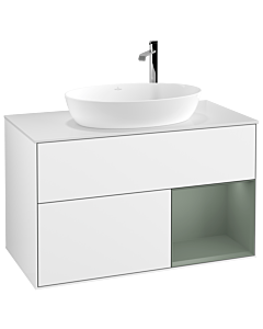 Villeroy und Boch Finion Villeroy und Boch F901GMGF 100cm, plaque de recouvrement blanc mat, étagères laqué olive mat, laqué blanc brillant